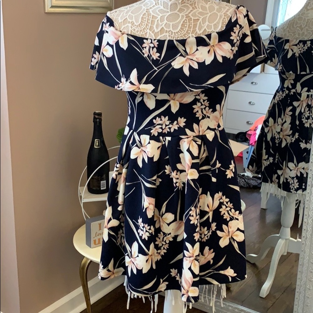 Flared off the shoulder floral dress in navy